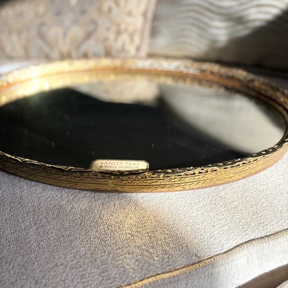Vintage 1950s Gold Filigree Vanity Tray Wall Mirror Hollywood Regency